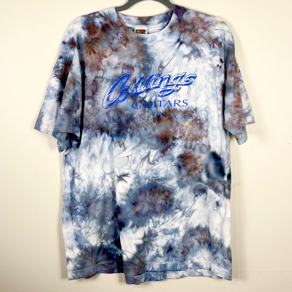 Ice dyed tie dyed upcycled black and gray vintage Collings Guitar T Shirt